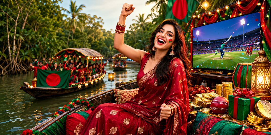 সুন্দরবনের প্রেক্ষাপটে লাল-সবুজ পতাকার সামনে ক্রিকেট বেটিংয়ের উত্তেজনাপূর্ণ মুহূর্ত
